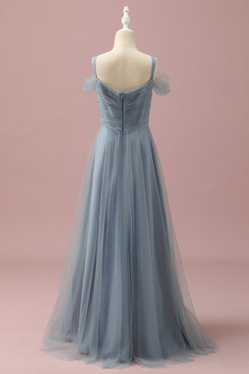 Robe de demoiselle d’honneur junior en tulle d’épaule froide gris bleu